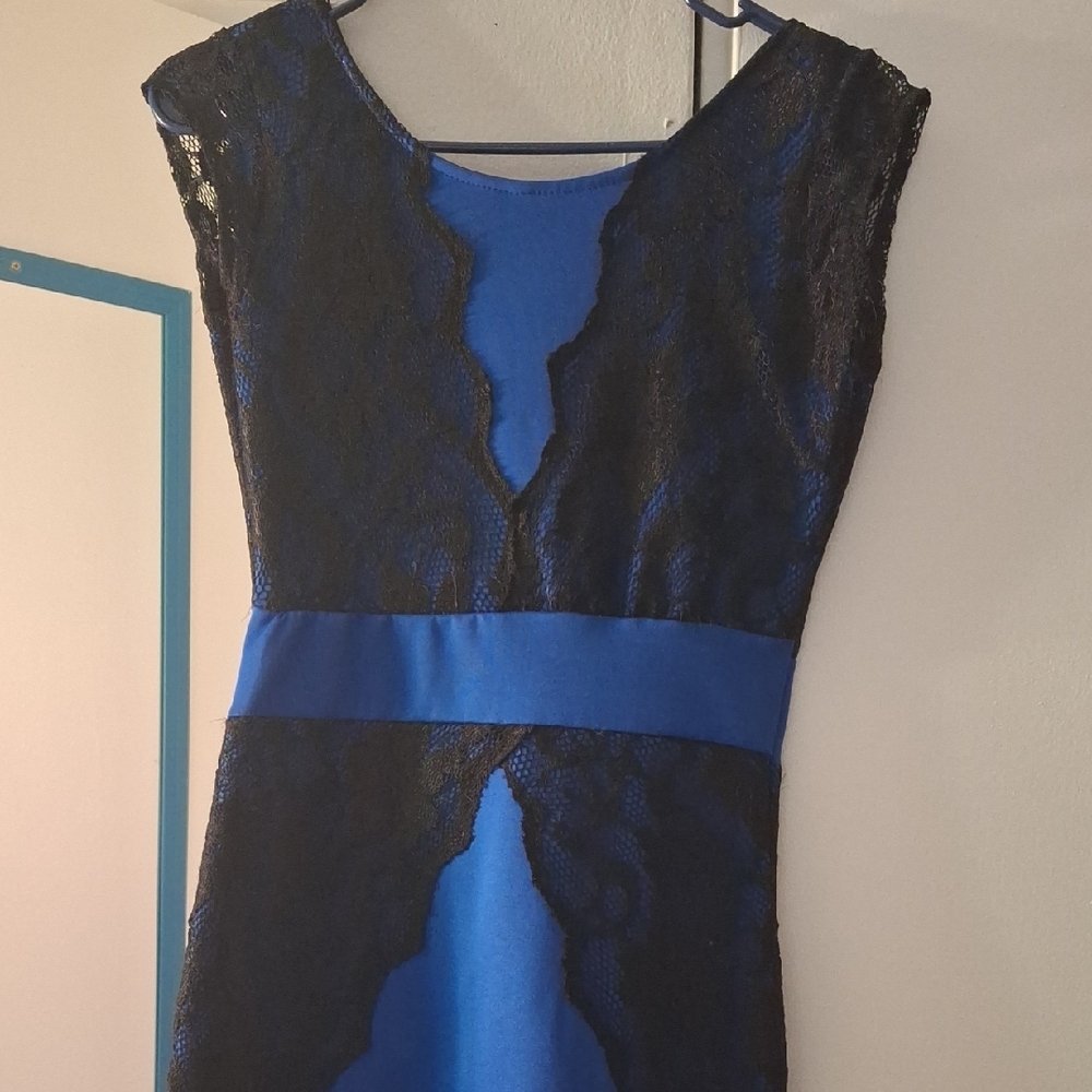 Danny & Nicole Black and Blue High Low Sheath Dress